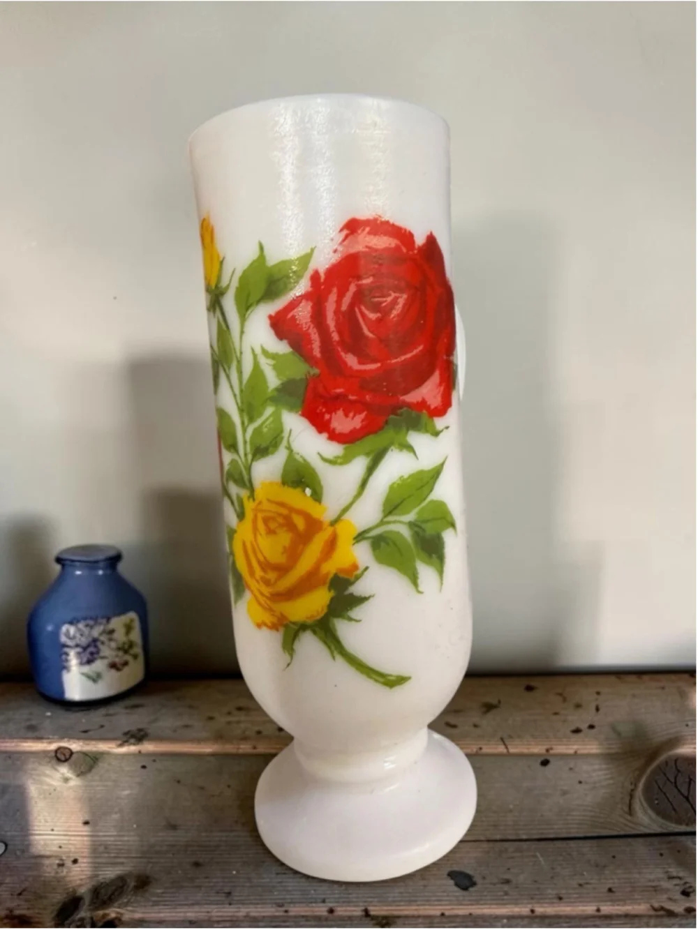Vintage White Milk Glass Footed Bud Vase with Red & Yellow Roses Floral Cottage